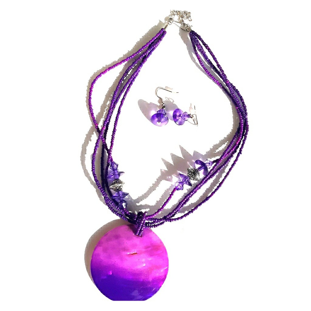 Purple Beaded Shell Necklace with Earrings Set